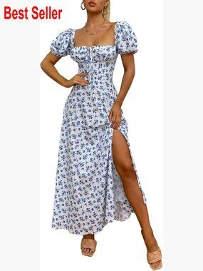 Puff Sleeve Floral Maxi Dress with Lace Trim, Polyester Elastane Fabric